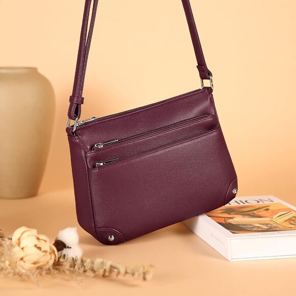 Women Wine Red Imported PU Leather Medium Size Crossbody Satchel Handbags - Picture 8 of 9